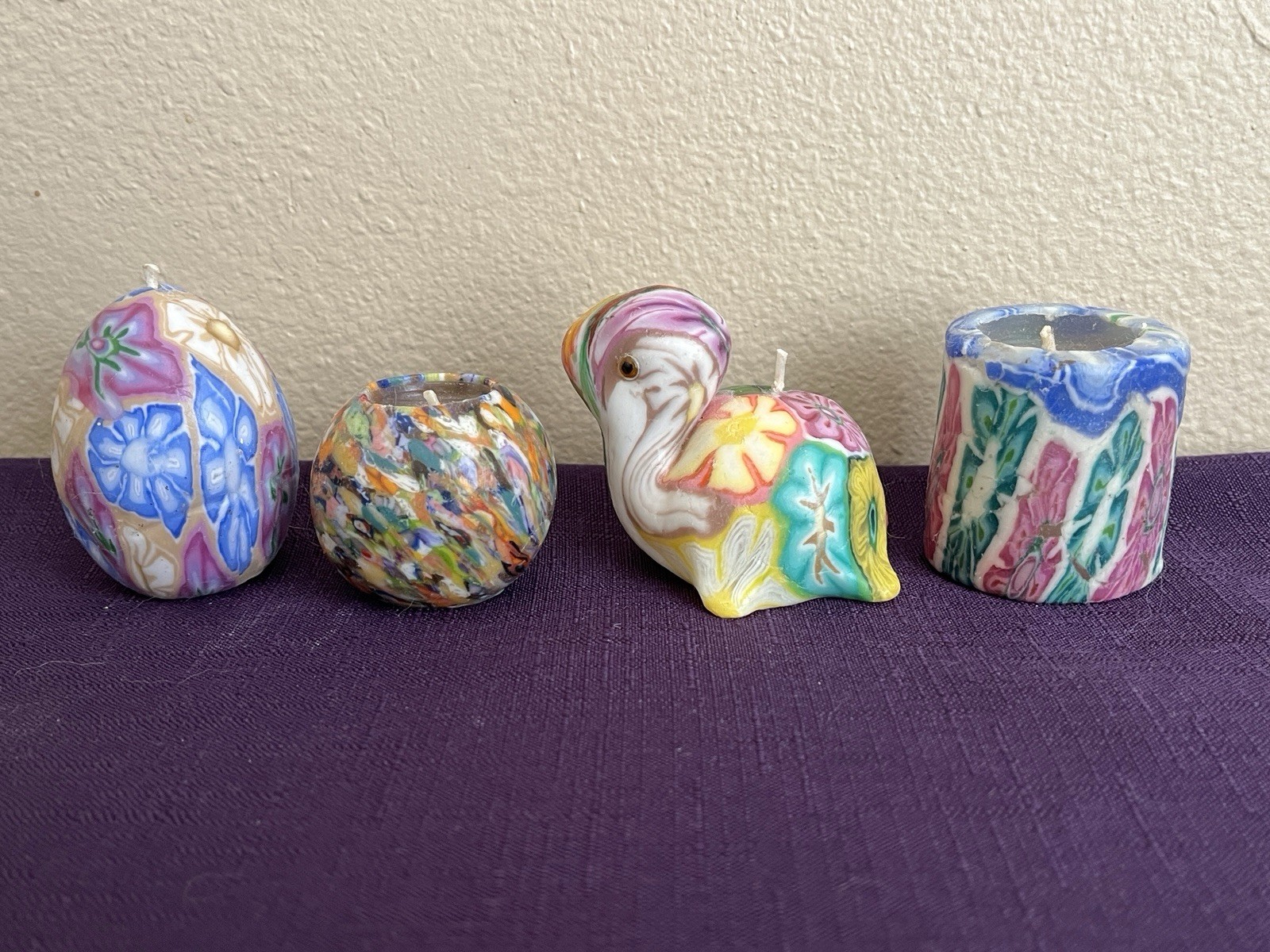 Millefiori Set of 4 Multicolor Floral Patterned Wax Mini Candles 90s Vintage
