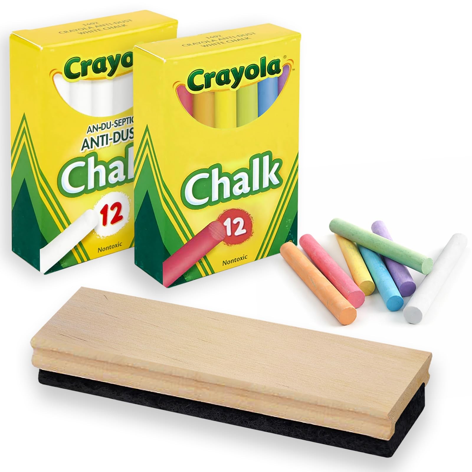 Chalkboard Chalk and Eraser Set, 24 Pack Including 12 White and 12 Colored Chalk