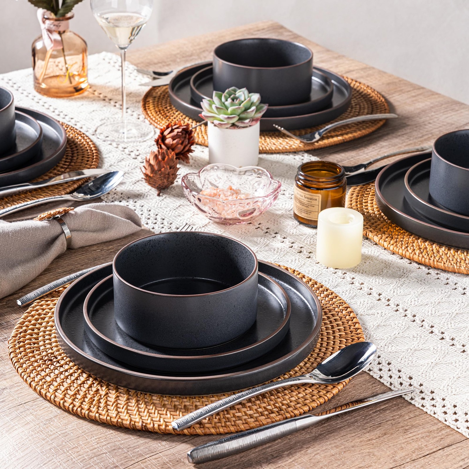 Leratio Ceramic Dinnerware Sets For 6 High Edge Stoneware Plates And Bowls Set