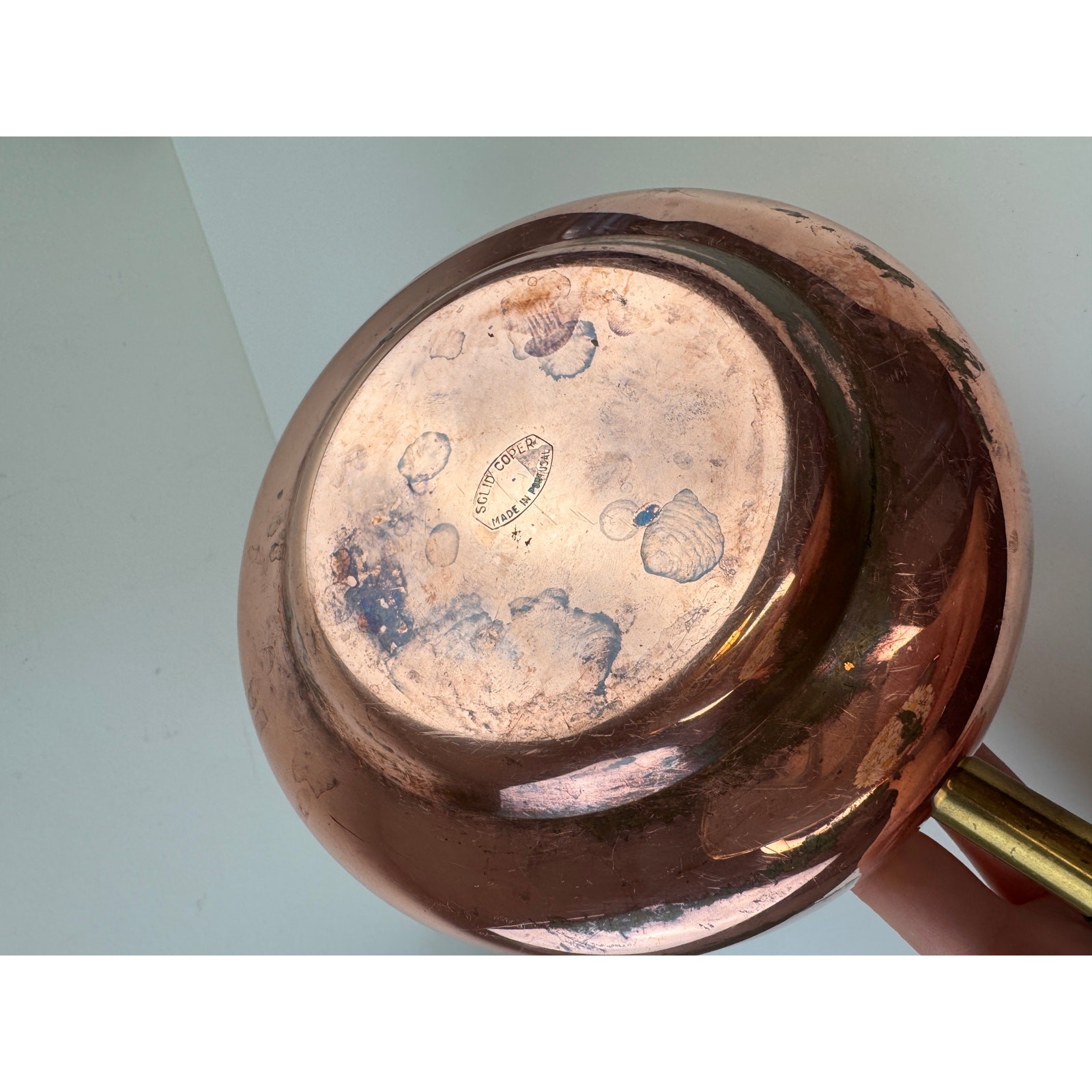 Vintage MCM Solid Copper Pot Rose Gold Metal Wooden Handle Lid Made In Portugal