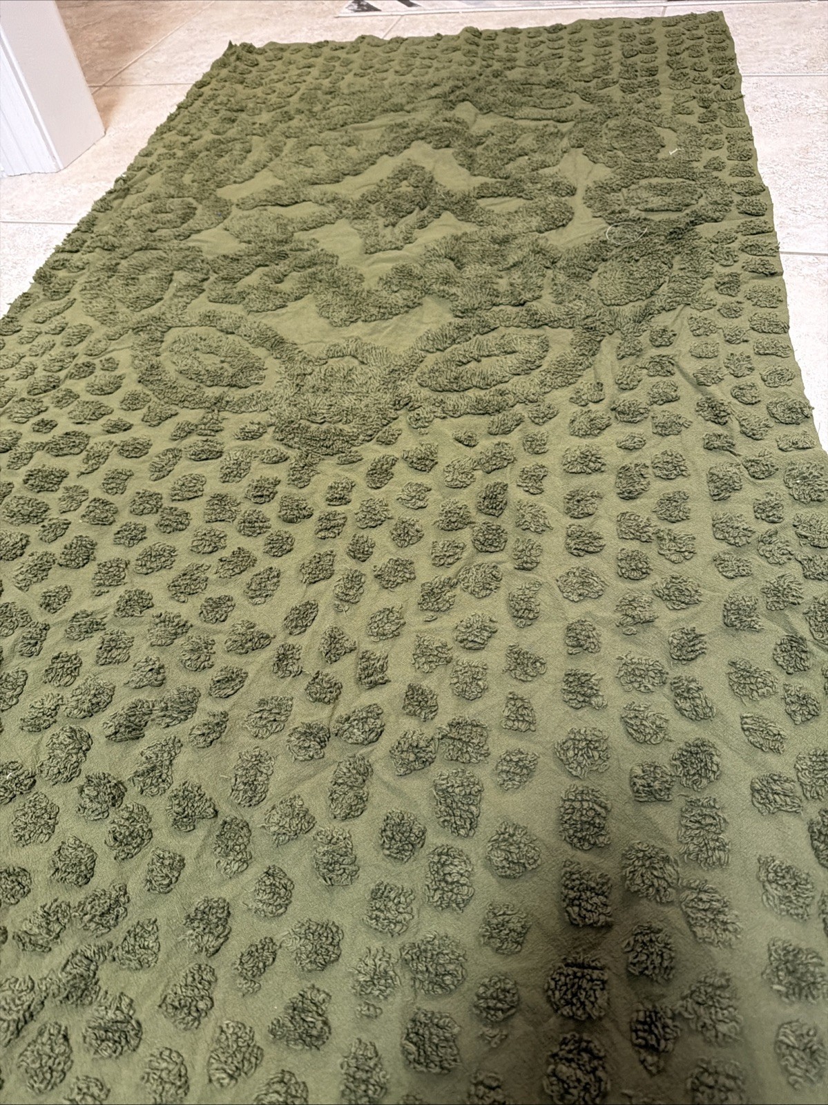 Vintage Dark Olive Green Chenille Bedspread CUTTER piece approximately 32″x78″