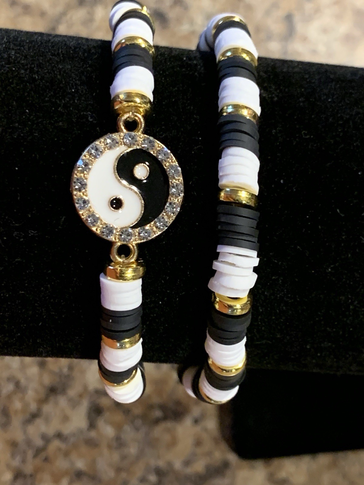 Handmade Acrylic Bead Stretch Bracelet / Black and White Yin Yang total of 2