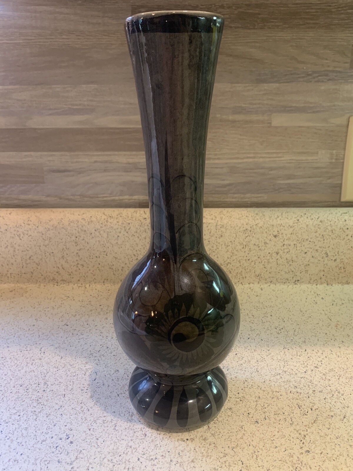 Tonala Mexico Folk Art 12” Green/Gray Vase with Red/Black Florals