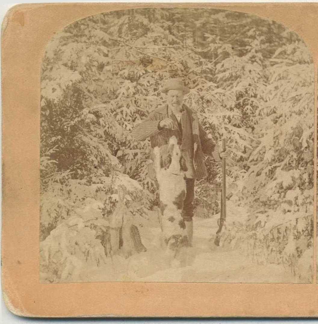 Hunter with dog in snowy woods, c1890, Littleton, NH, Kilburn, Nature