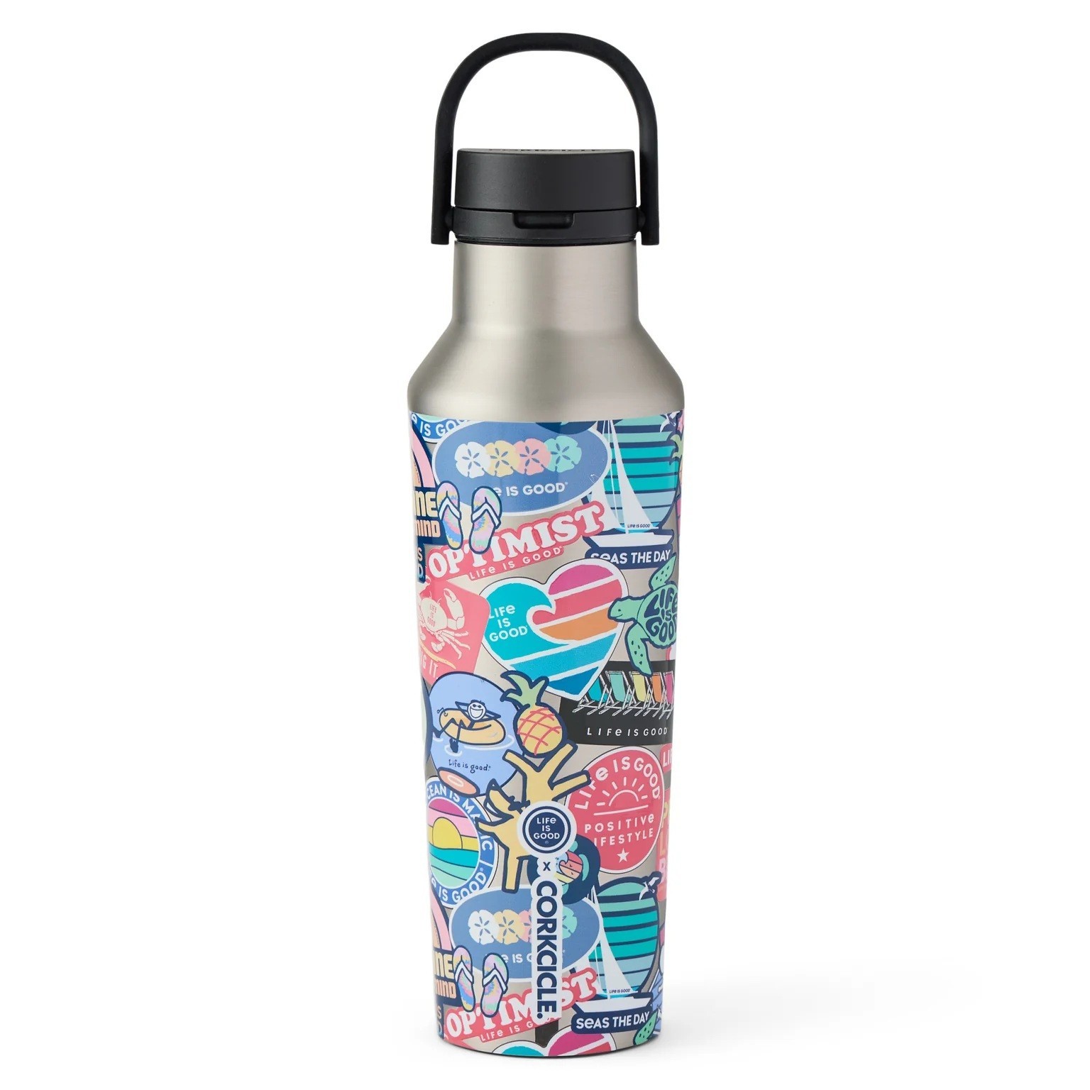 Life is Good. Beach Sticker Collage 20oz Stainless Corkcicle Canteen Bottle