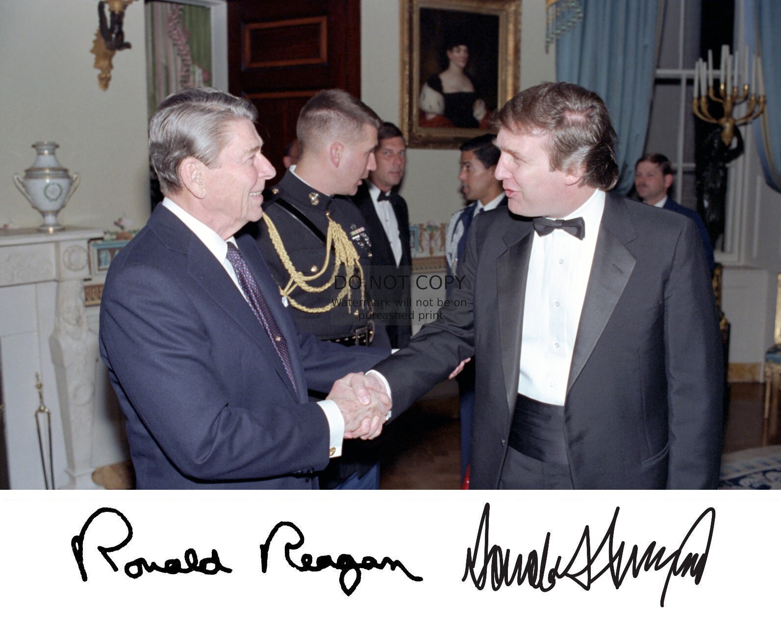 PRESIDENT DONALD TRUMP & RONALD REAGAN SHAKING HANDS AUTOGRAPHED 8X10 PHOTOGRAPH