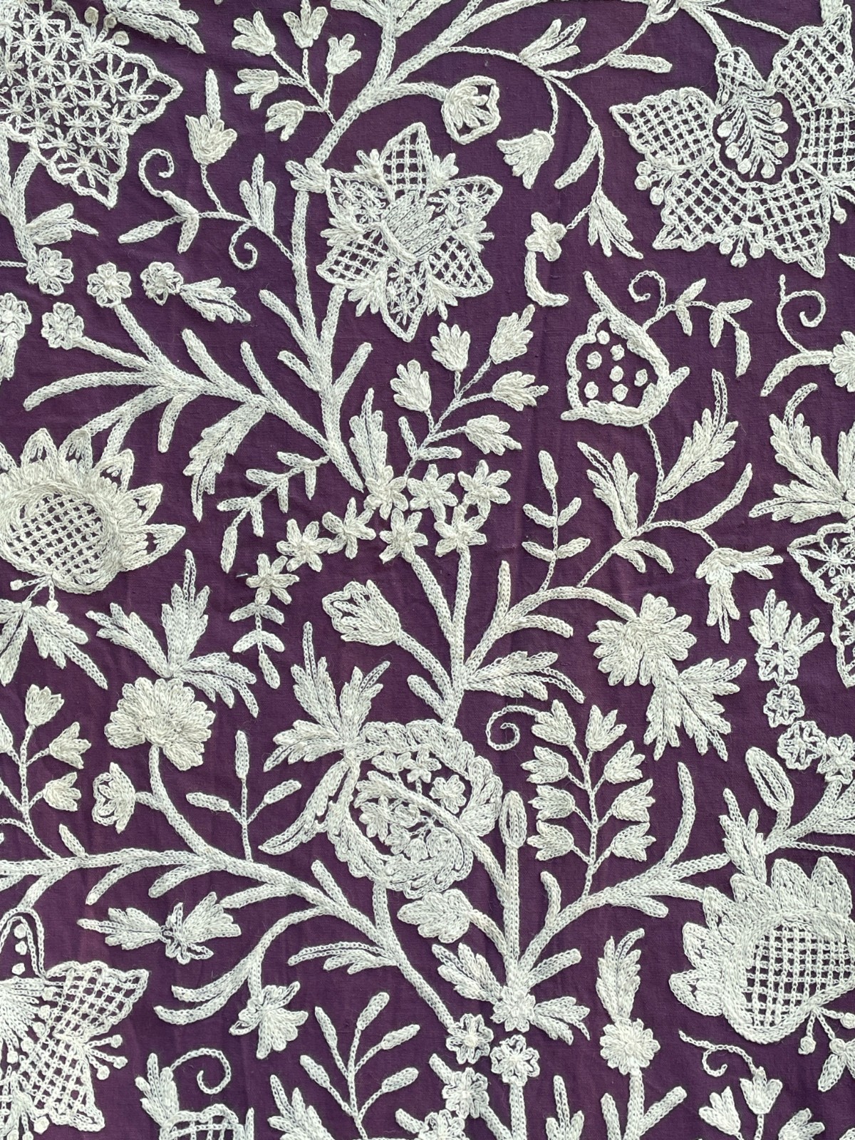 Vintage 1970s Crewel Embroidered Fabric Curtain Panel 99×53 Purple White