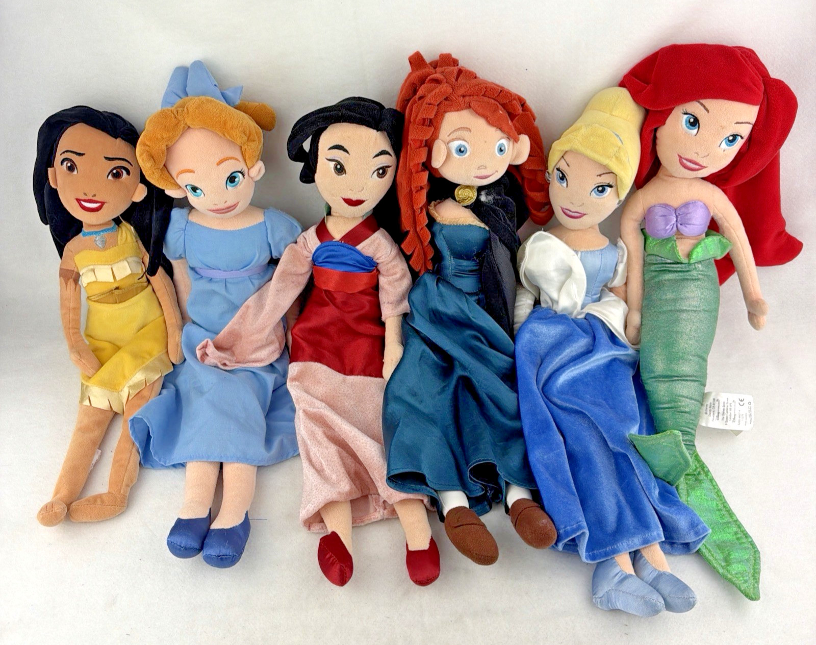Disney Store Princess Plush Lot 6 Wendy Cinderella Pocahontas Merida Mulan Ariel