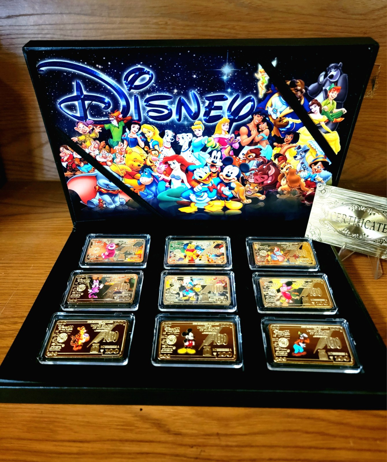 Disney 9 Piece-24K Gold Plated Bars Collectors Set-W/Certificate Of Authenticity