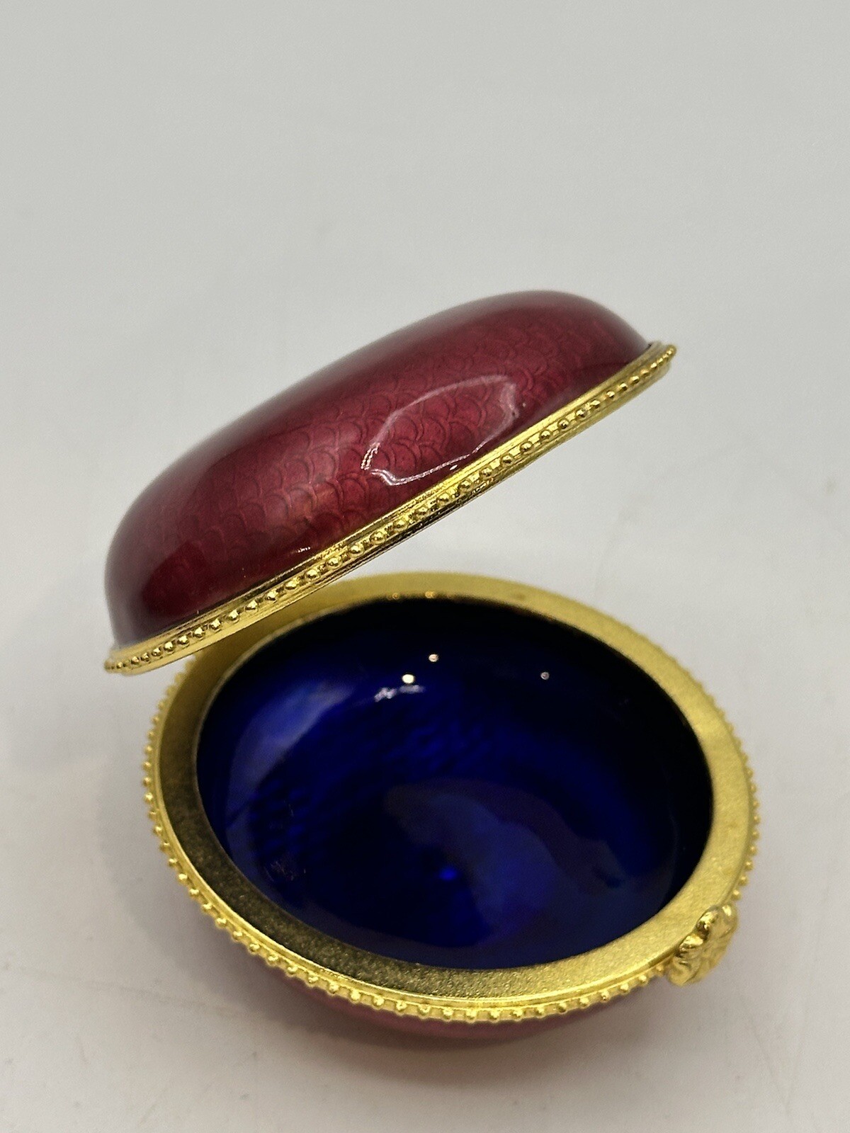 Brass And Enamel Trinket Box Hinged Lid Round Crimson Ornate Gold Tone Trimming