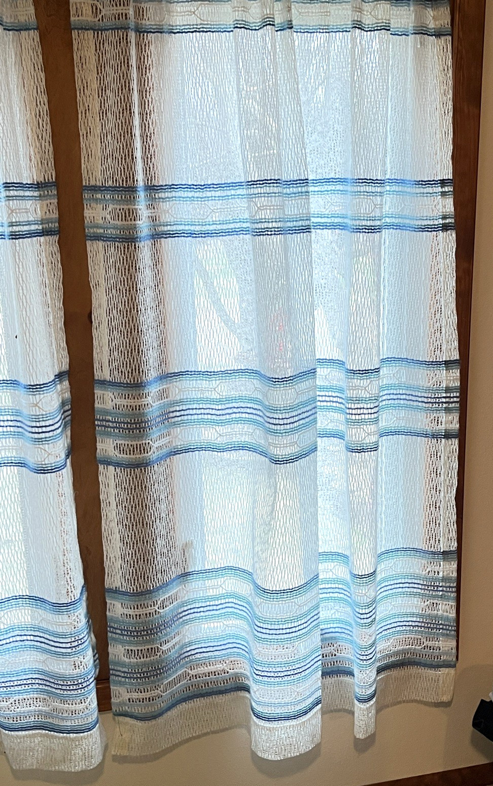 1970’s JC Penney’s Open Weave Stripped Curtains Blue White Aqua 60 x 48 Nice