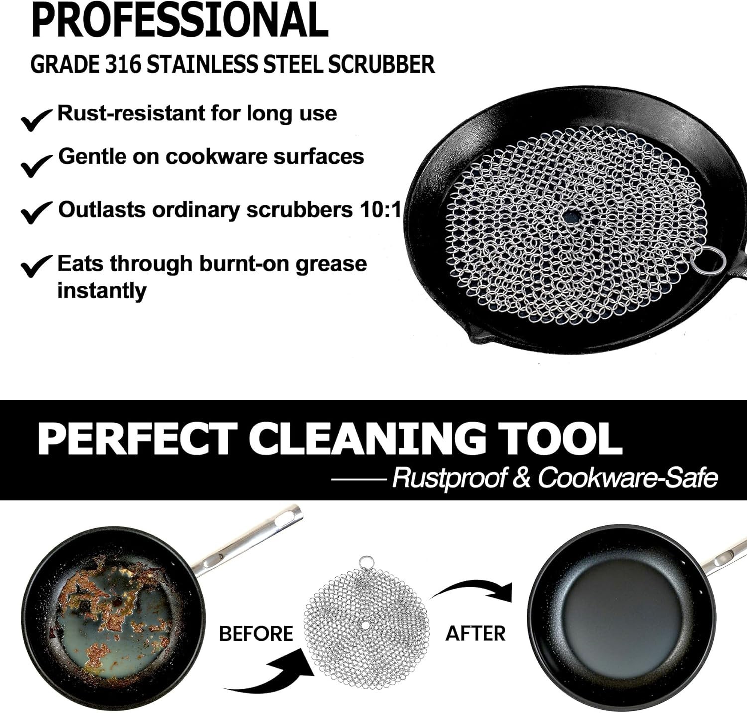 7-Inch 316L Stainless Steel Chainmail Scrubber for Cast Iron Cookware