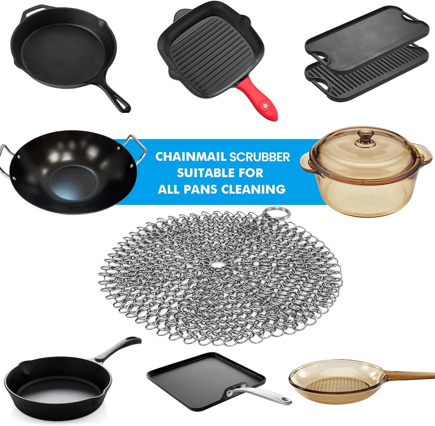 7-Inch 316L Stainless Steel Chainmail Scrubber for Cast Iron Cookware