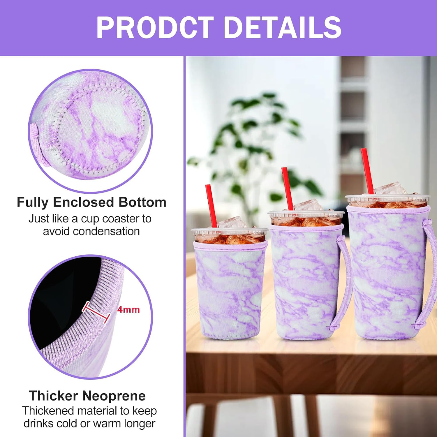 3 Pack Iced Coffee Sleeve with Handle Insulator Sleeves for Cold Drinks Bever…