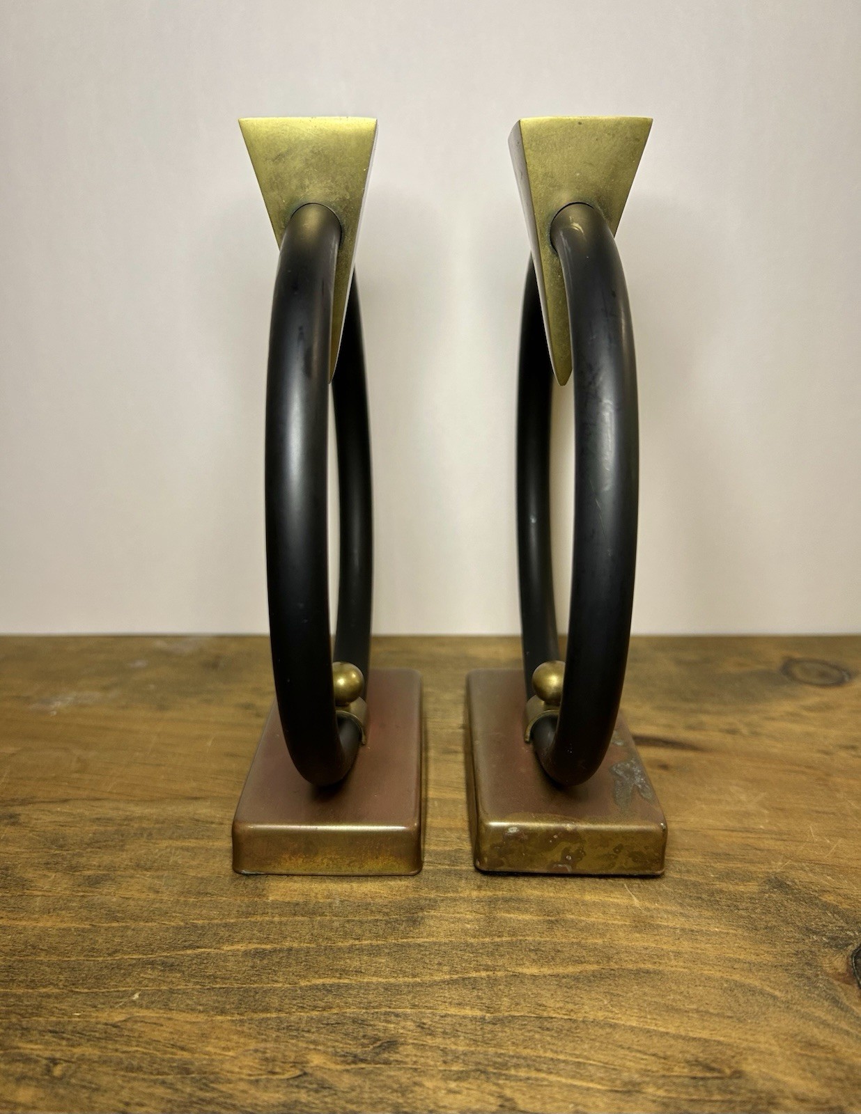 Vtg 80’s Post Modern Geometric Candle Holders Brass Black Matte Metal Set Of Two