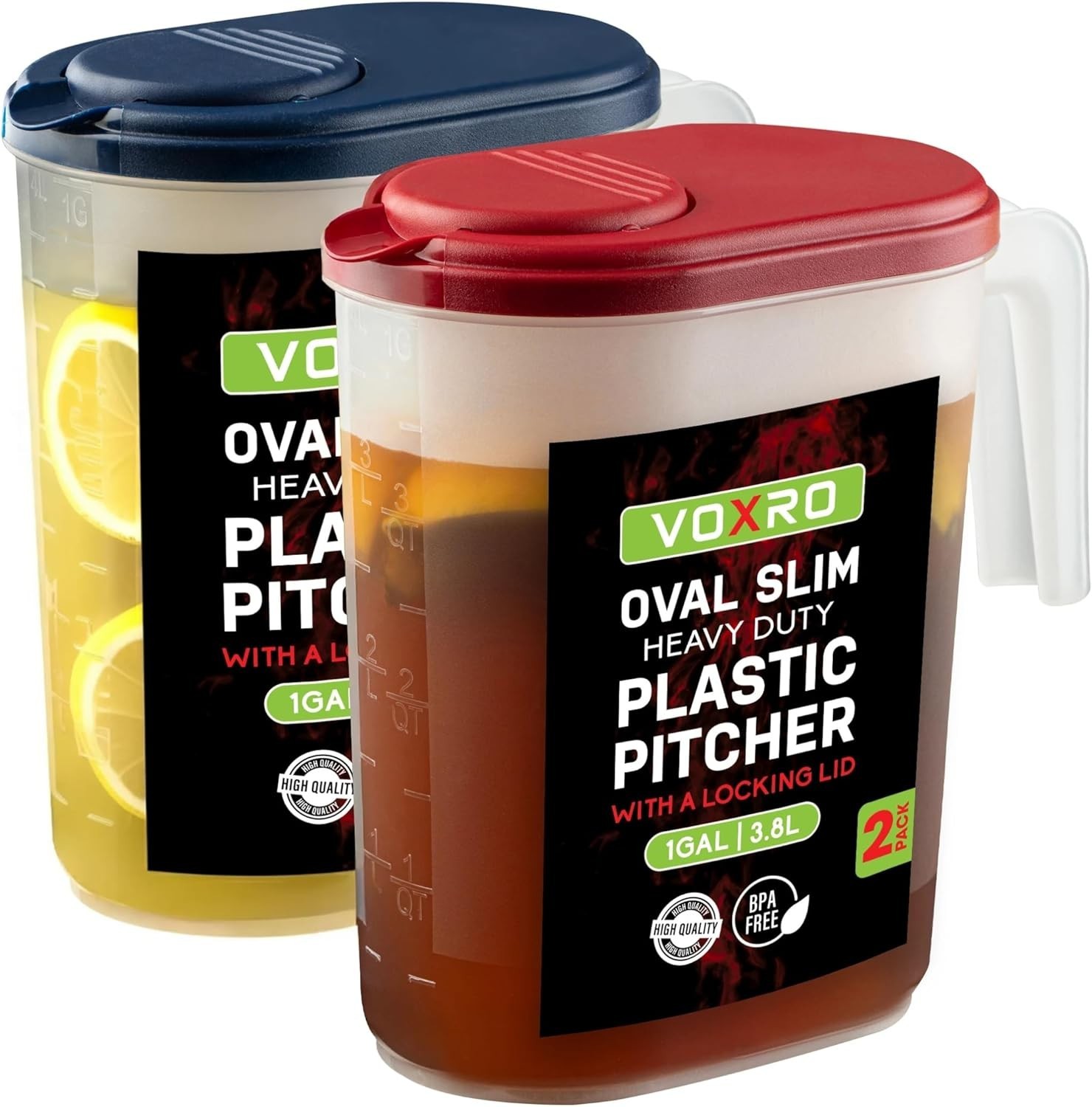 2-Pack Pitchers with Lids, 1 Gallon Capacity, Flip-Top Spout, Well-Gripped