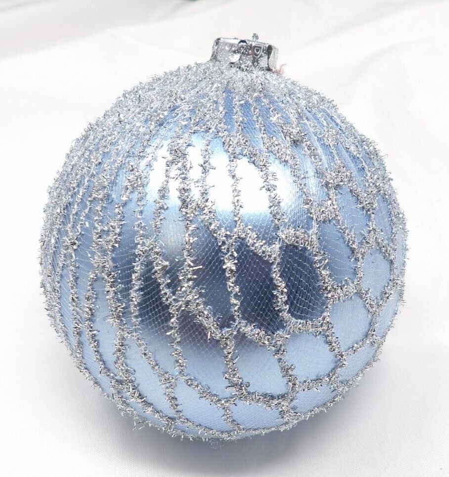 Vintage Blown Crackle Glass w/Glitter Accents Blue Ball Christmas Ornament 4″