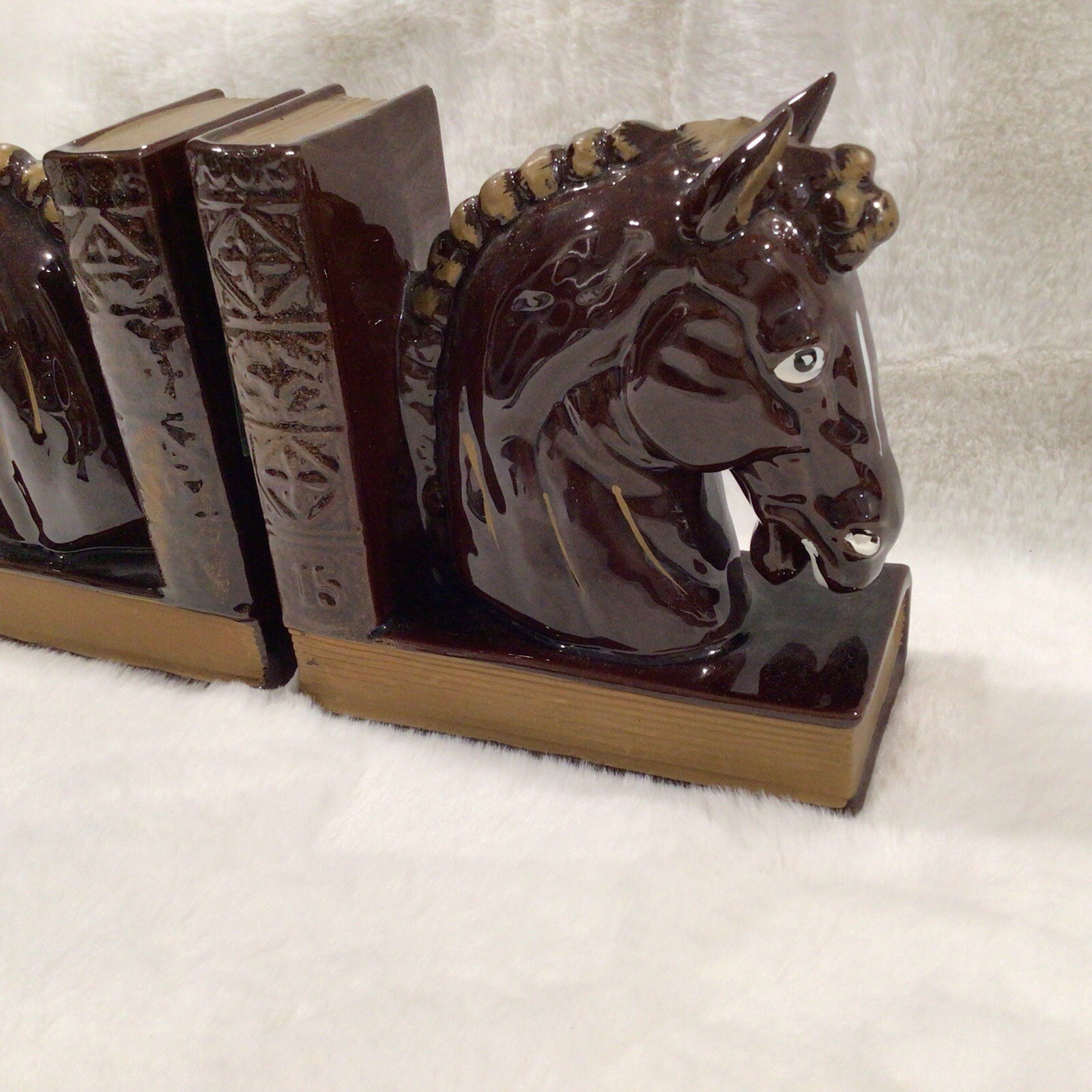Vintage 1960’s Ceramic Horse Head Bookends – Japan – Brown And Gold MCM