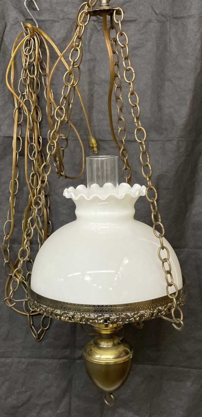 Hanging Swag Lamp Vintage 10″ Milk Glass Hurricane 12 Ft Chain & Plug In Cord