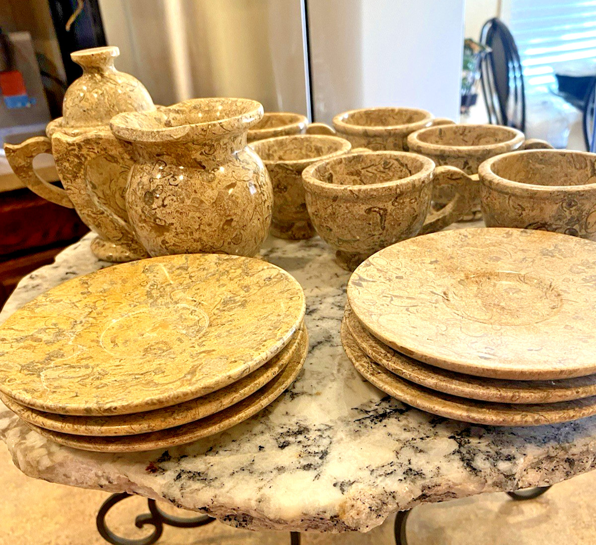 Beautiful Onyx Marble 16 Piece Espresso/tea 6 Cups & Saucers, Suga, Creamer