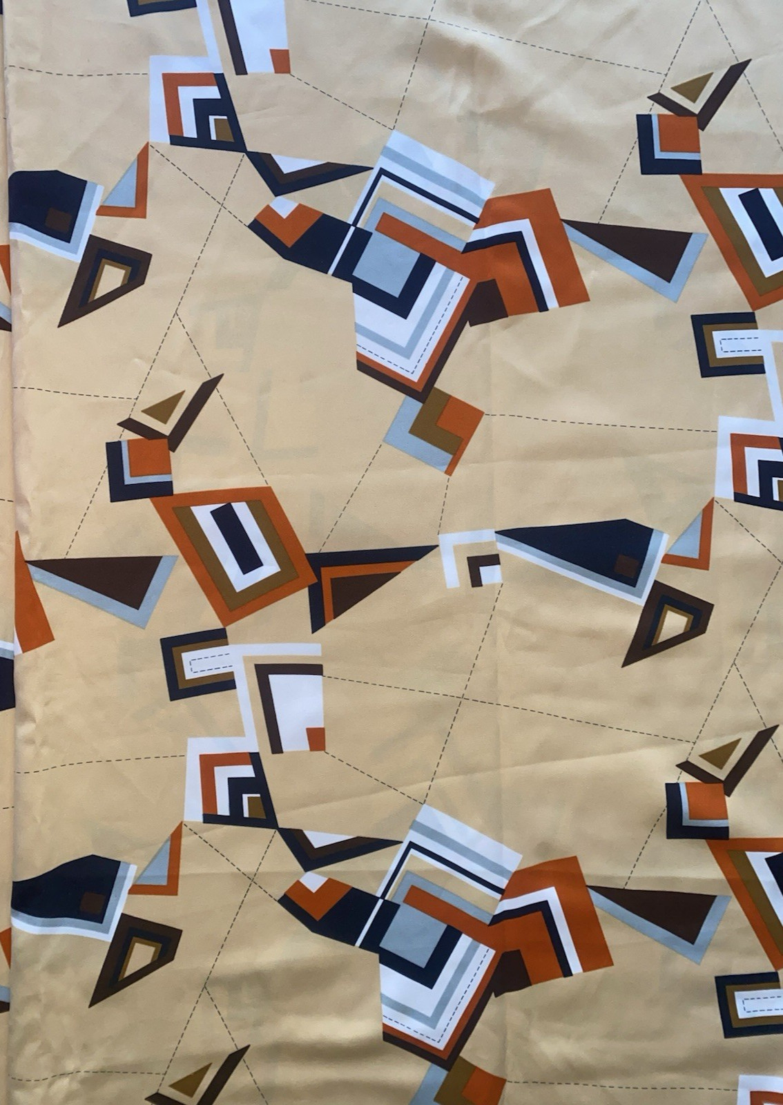 Vintage Retro Mod Fabric Polyester Geometric 158″ X 44″ 1970s Orange Tan Black