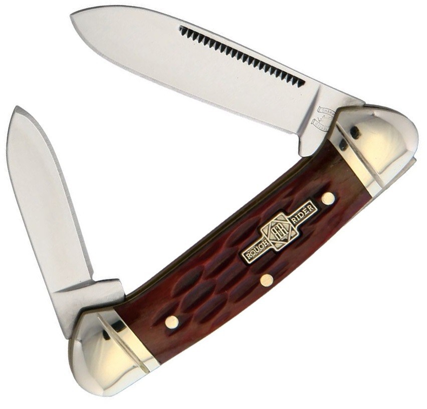 Rough Ryder Mini Canoe Pocket Knife Stainless Blades Red Jigged Bone Handle