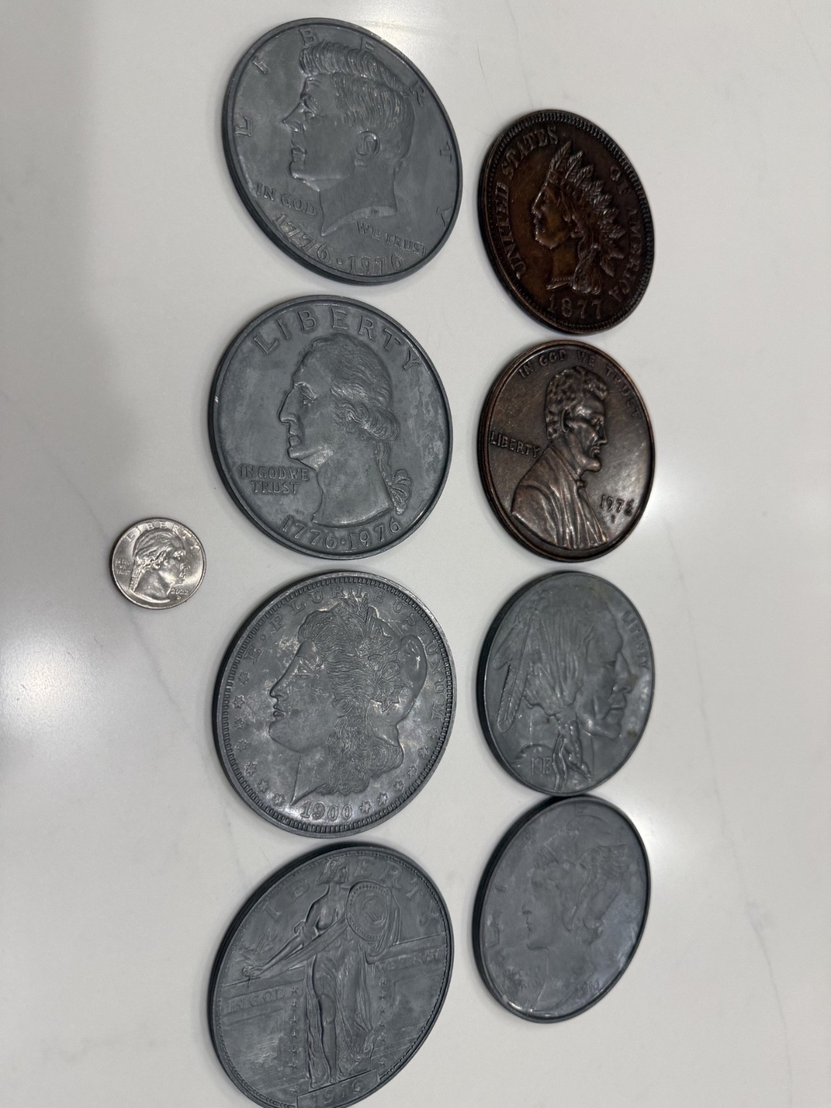 Lot of 8 Vintage Oversized 3″ US Coins Penny dime Quarter Half Dollar JFK +