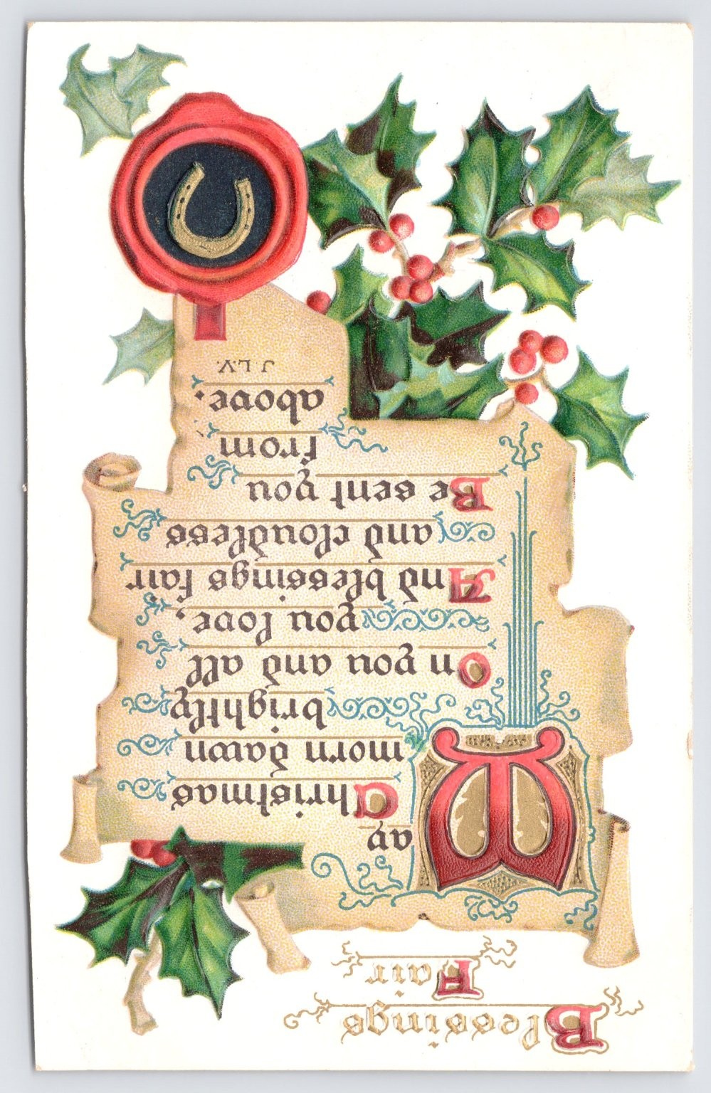 Raphael Tuck Yule-tide Christmas Horseshoe Holly Embossed Postcard No 104
