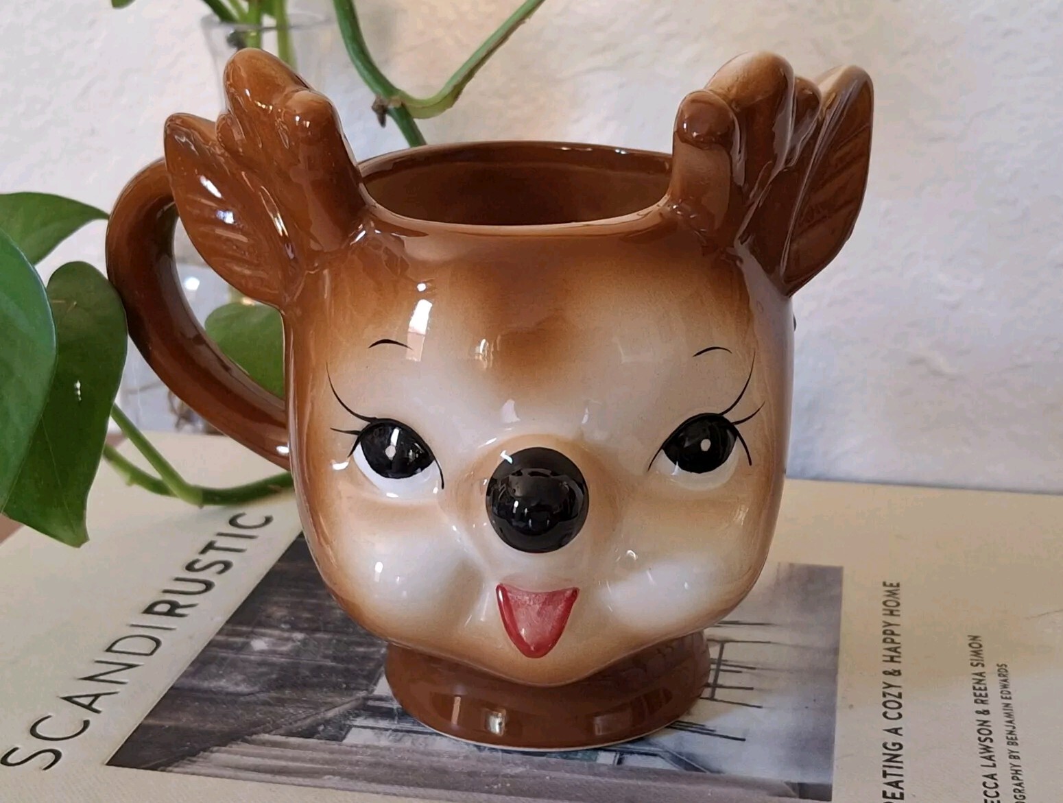 Pottery Barn Cheeky Reindeer Mug Handcrafted Seasonal Winter Christmas Kitchen