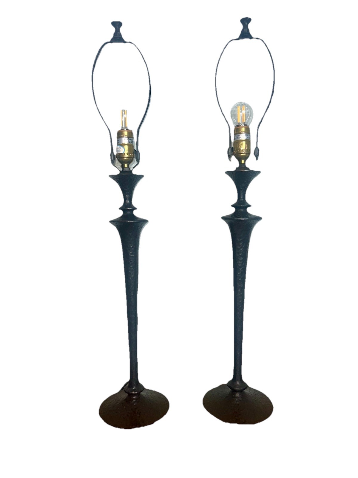 MCM in the Style of Giacometti Table Lamps Set Hammered Painted Cast Bronze