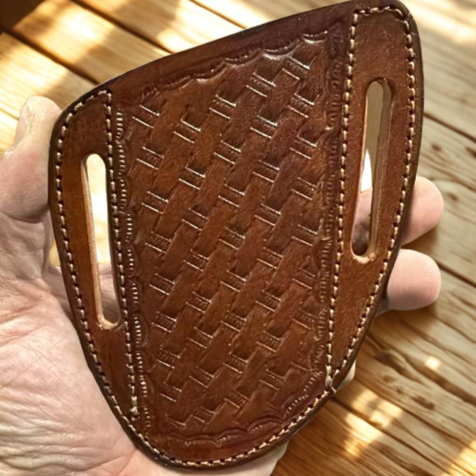 Handmade Brown Leather Knife Sheath Basketweave Pancake Belt Holster USA Armory