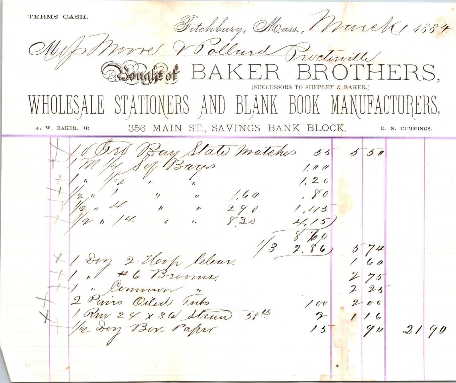 Baker Brothers Fitchburg MA 1884 Billhead Stationers Blank Book Manufacturers