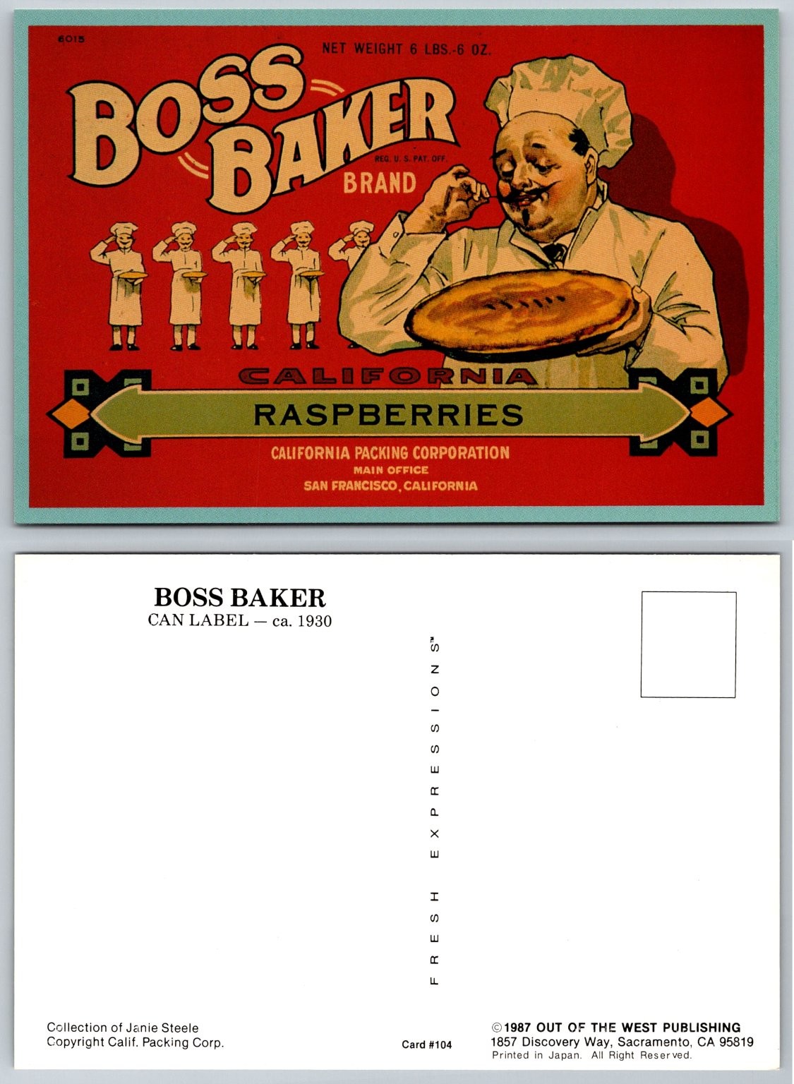 Boss Baker California Raspberries Can Label Art Postcard 1930s Style Chef Food