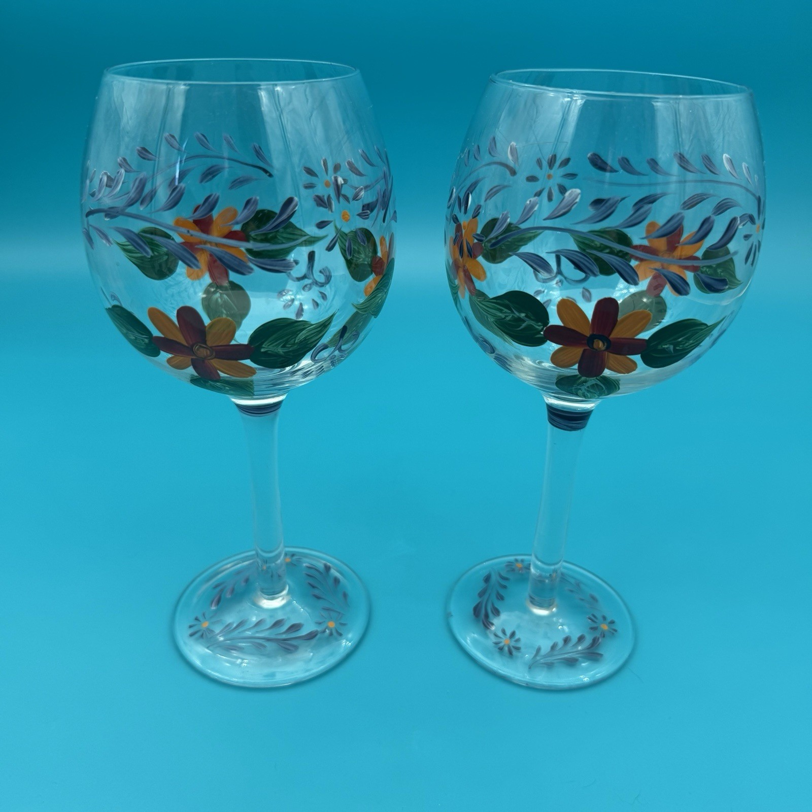 Wine Glasses Hand Painted Floral Hand Wash Only Set Of 2 – 8.5” Tall