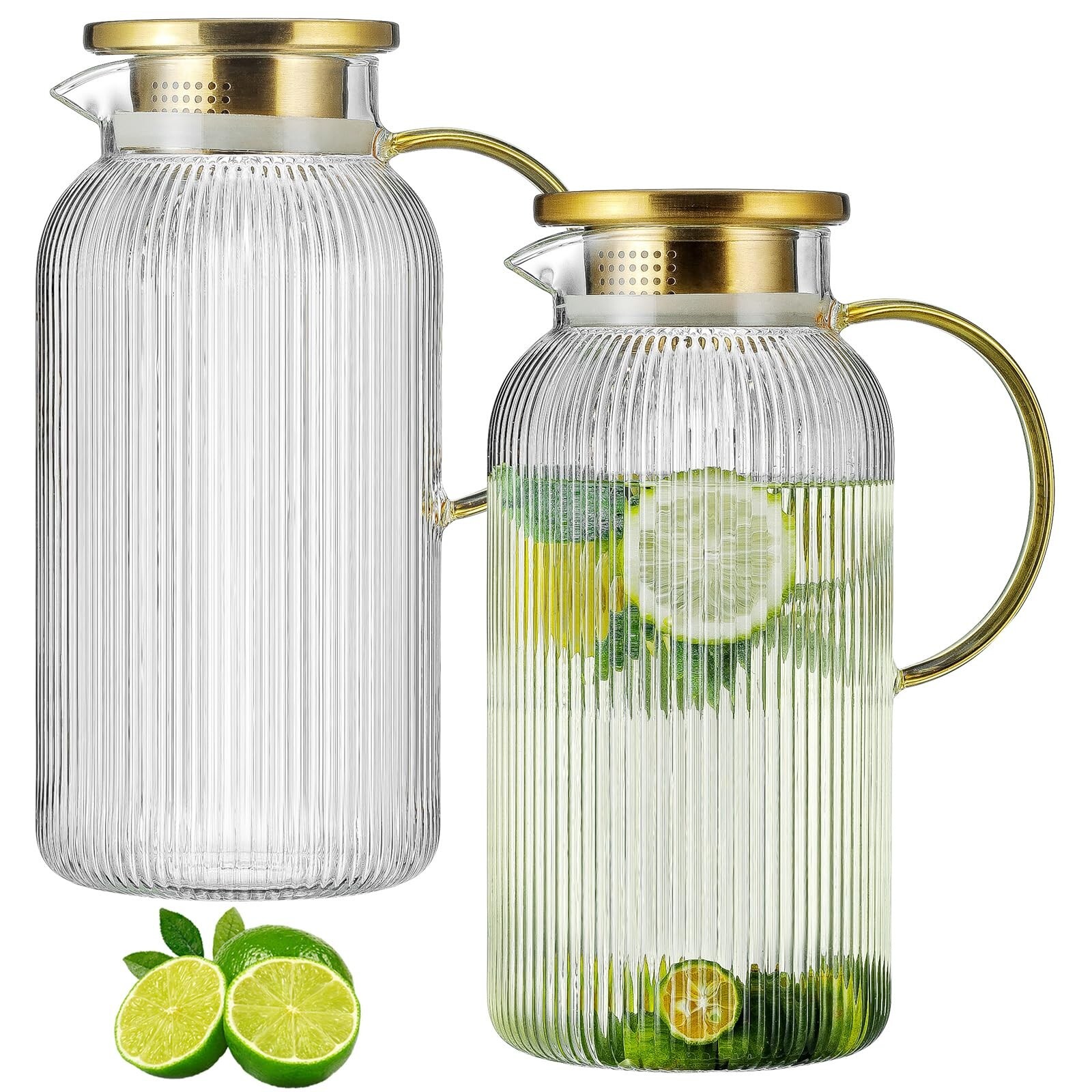 2 PACK Glass Pitcher with Lid, 68 oz/ 2 Liter Classic Vertical Stripes Water …