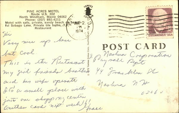 North Windham, Maine ME Pine Acres Motel 1974 Chrome Original Vintage Postcard
