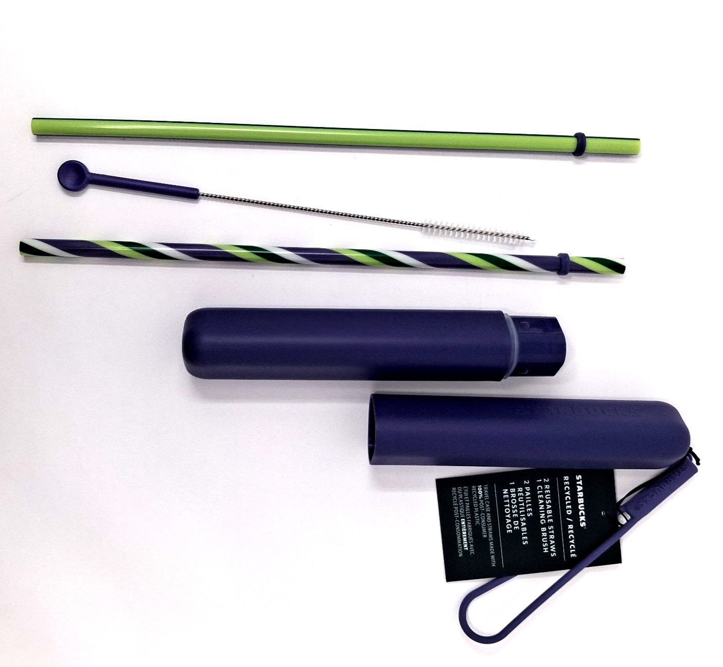 Starbucks Recycled 2 Reusable Straws + 1 Cleaning Brush w/Purple Triangle Case