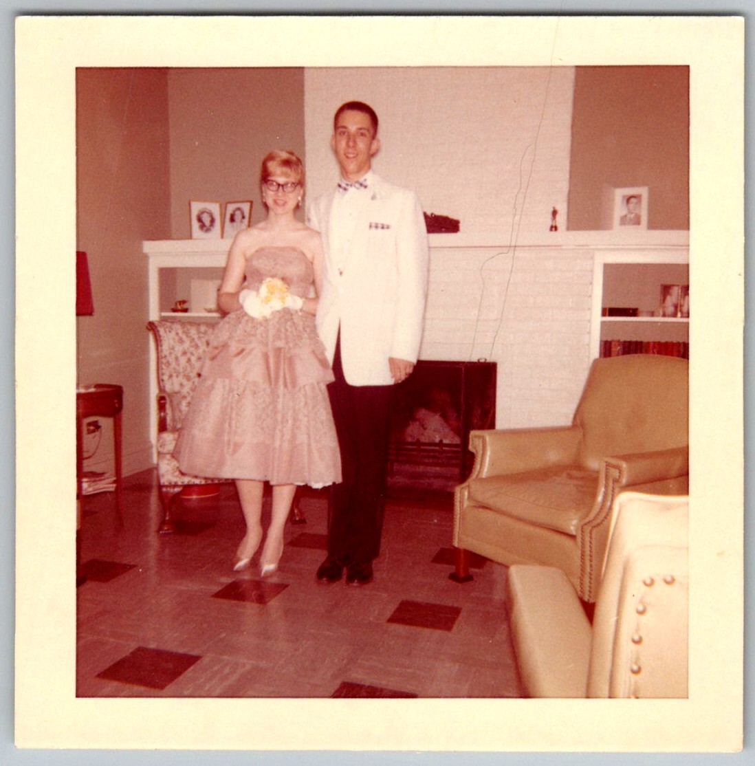 Vtg Color Snapshot Prom Couple Young Man White Tuxedo Girl Dress Corsage Glasses