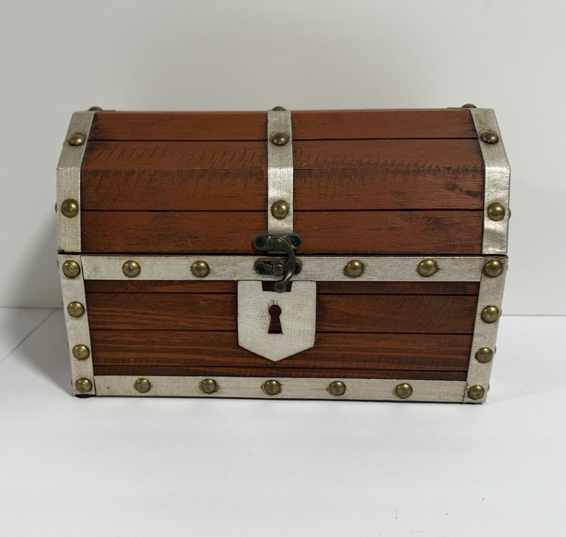 Wooden Treasure Chest Storage Box w/ Metal Trim, Engraved, Lock & Lid
