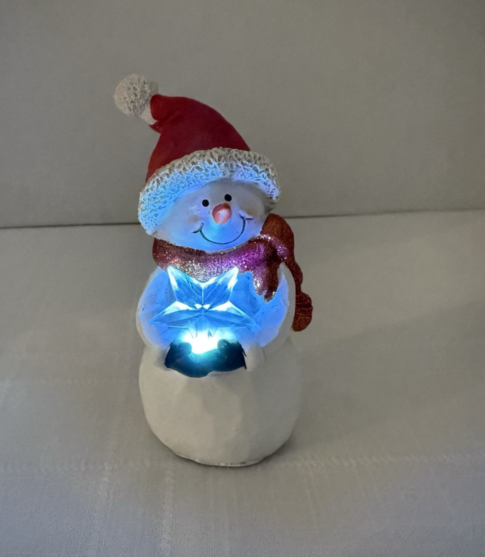 Snowman Holding a Changing Multicolor Light Up Star, Santa Hat Christmas, 5″