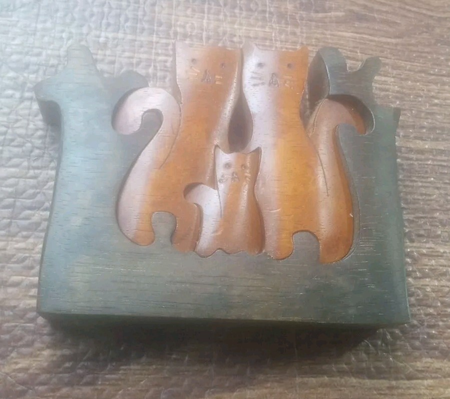 Vintage Handmade Wooden Cat Family, 3D Puzzle, Hand-painted, Carved