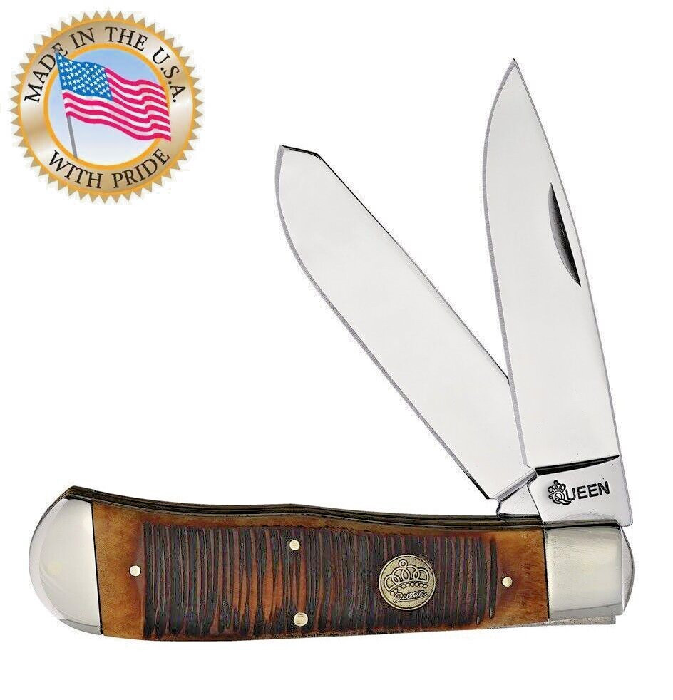 Queen pocket knife Big Boy Trapper Burt Bone Handle 1055 Carbon Steel Blades USA