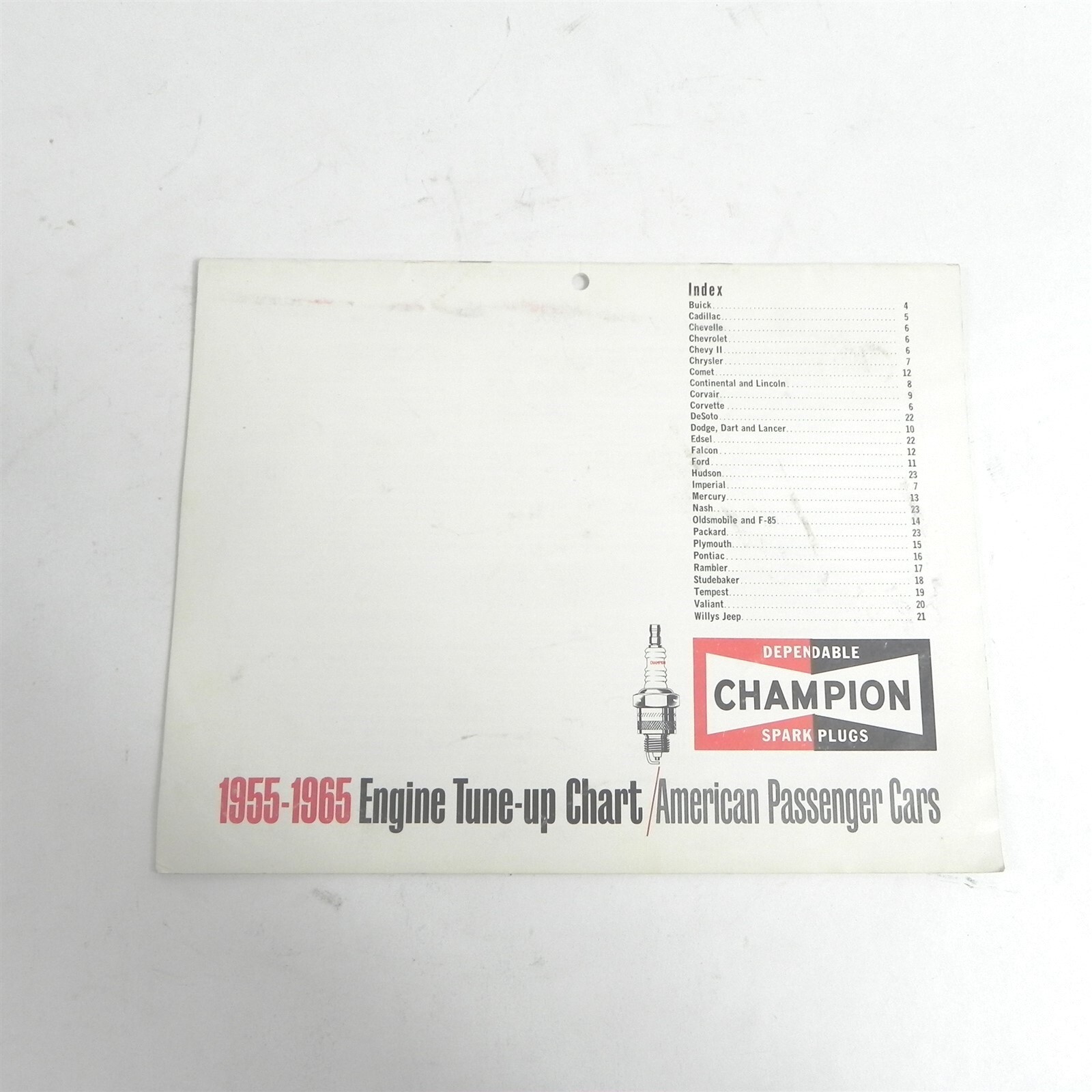 VINTAGE 1955-1965 CHAMPION SPARK PLUGS TUNE UP CHART FOR PASSENGER CARS
