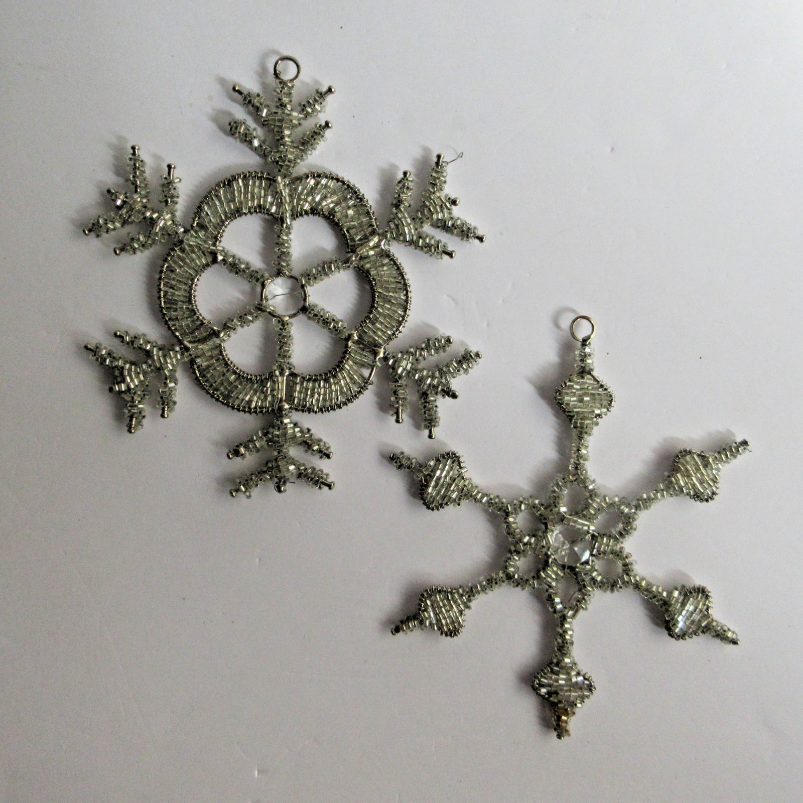 Glass & Crystal Beaded Silver Metal Snowflake Christmas Ornament 6” Lot of 2