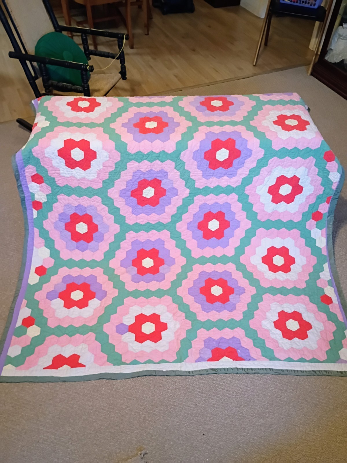 30s Grandmother Flower Grdn Quilt, Hand Pieced Daniel Webster Flour Sack Backing