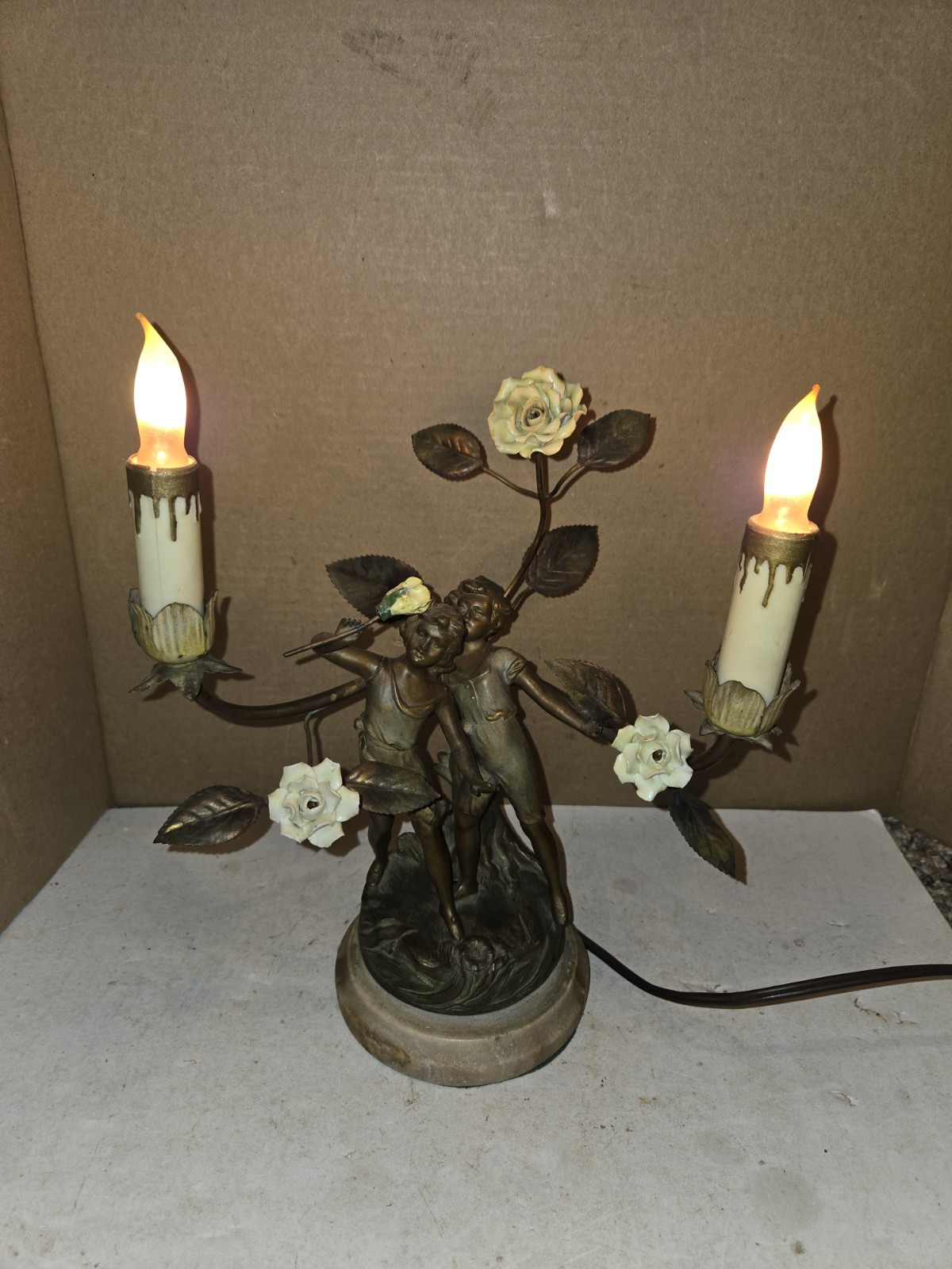 Vintage 20s Art Nouveau Figural Table Lamp,Newel,Floral,Germany,Spelter,Moreau