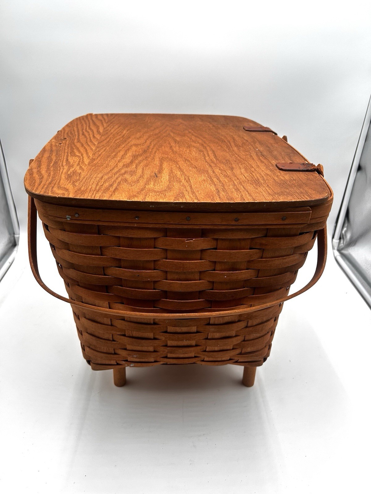 Longaberger Picnic Basket Large Lidded with Stand Signed 1992 16” X 14” X 11”