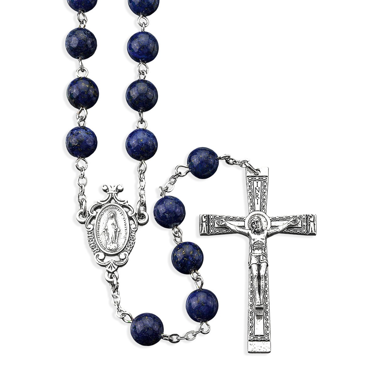 8mm Genuine Lapis Stone Bead Rosary, 23″ Long, Boxed, Made in the U.S.
