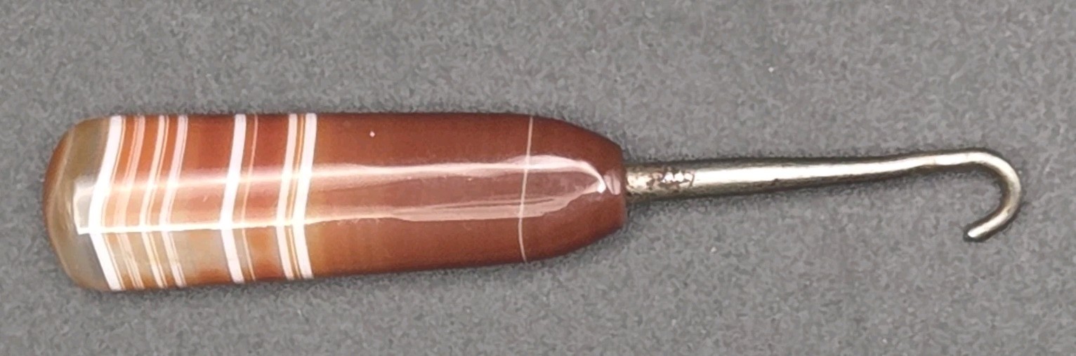 Antique Banded Agate Handle Buttonhook- Vicorian/Edwardian Boot Glove Fastener