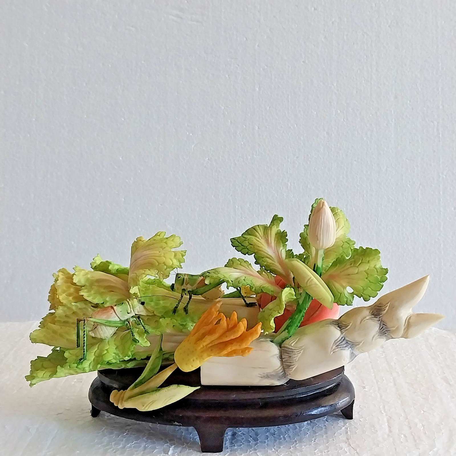 Vtg 20th c. Chinese Polychrome Carvings Cabbage Bai Cai Katydid Locust Sculpture
